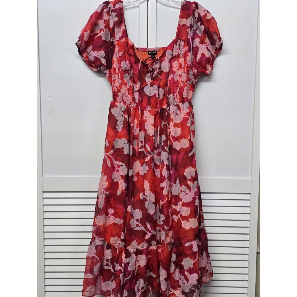Torrid Dress Women's Size 0X Vibrant Color Midi Cotton Clip Dot Lace Up Smocked - Picture 2 of 7